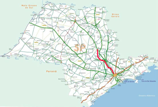 Mapa da Rodovia dos Bandeirantes em todos os municípios
